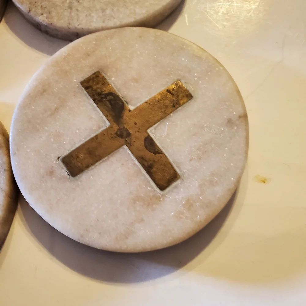 White Marble and Brass Inlay Cross Coasters Set of 4 Round Stone Drink Coasters